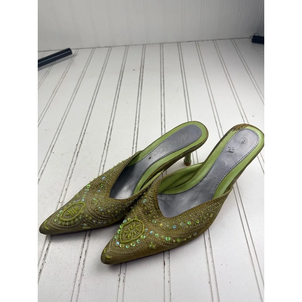 Anne Michelle Vintage Y2K Green Beaded Floral Satin Kitten Heels Women's Size 6